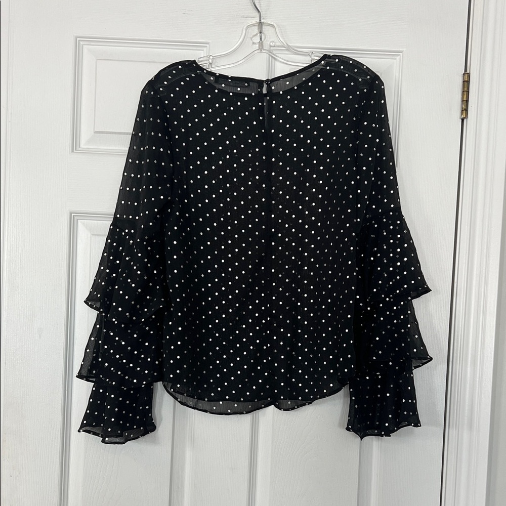 Elegant Black top with silver Polka Dot Ruffle Blouse - Picture 6 of 6
